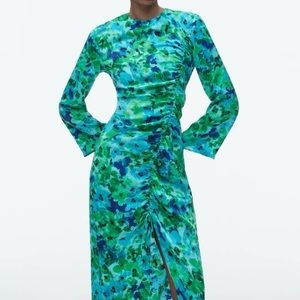 Zara Women's Midi Long Sleeve Floral Print Multicolored Dress Blue/Green XS NWT